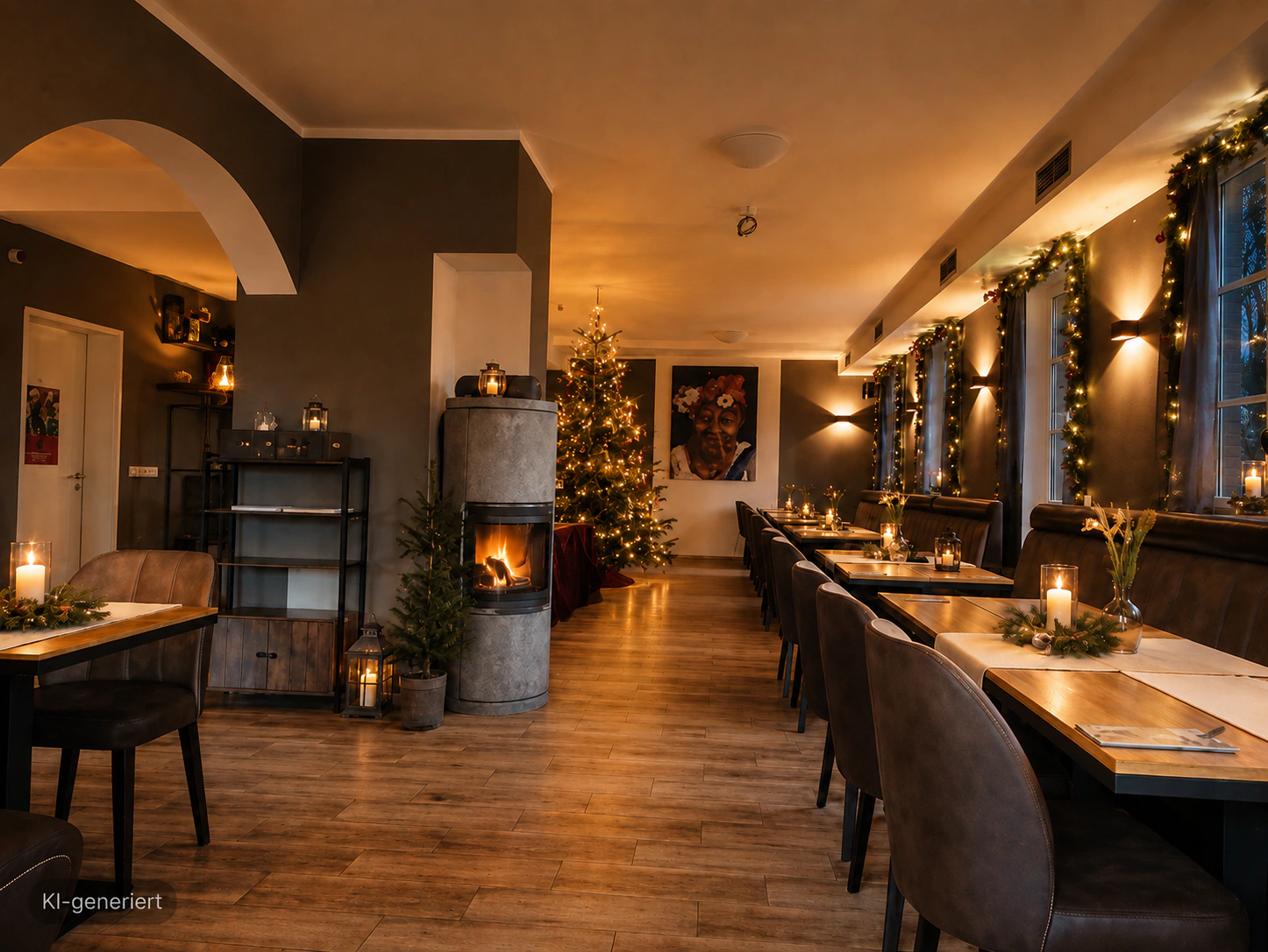 Festlich dekorierter Gastraum des Restaurant Grashorn für Weihnachtsfeiern in Geltow bei Potsdam und Werder